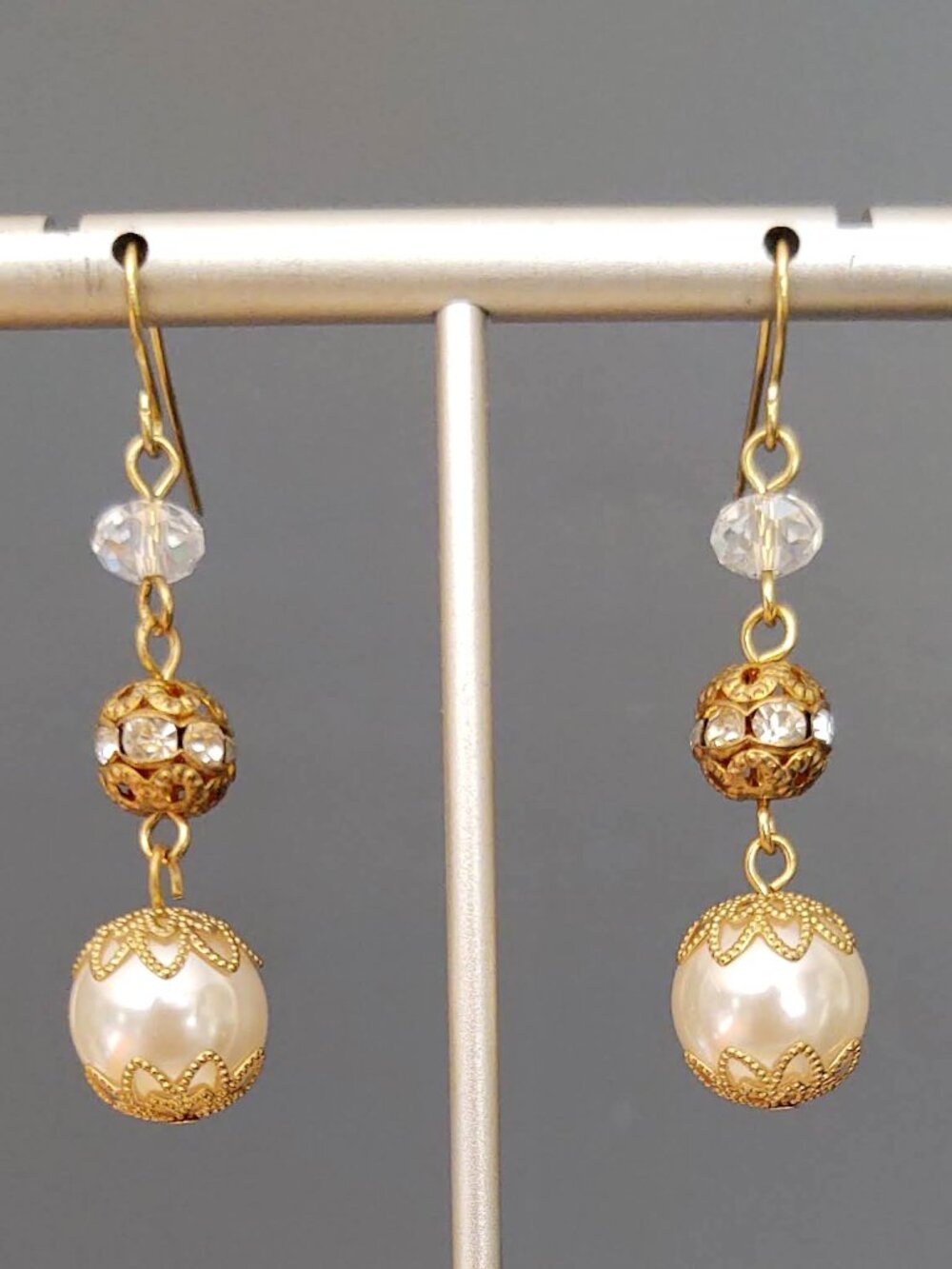 Gold, faux cream pearl and crystal drop earrings